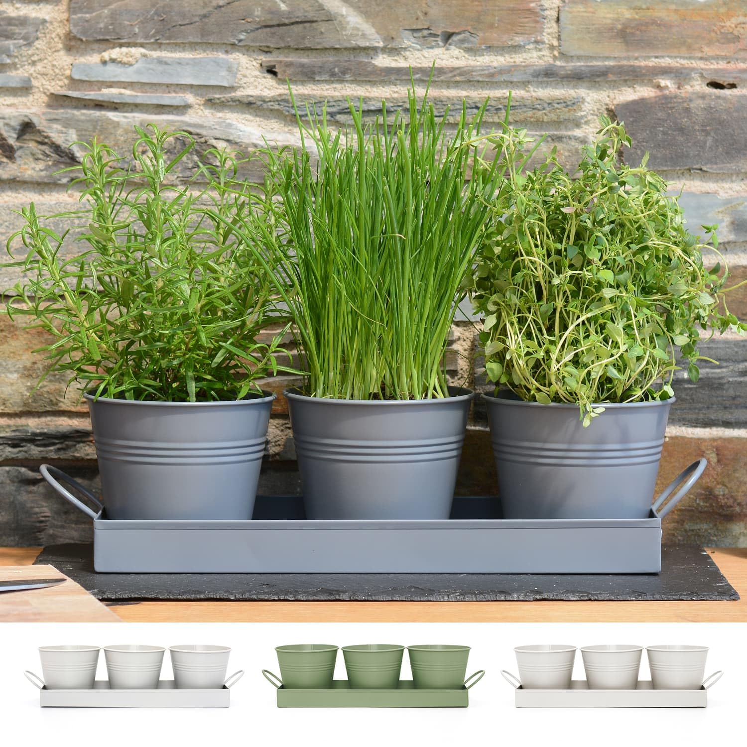 CKB LTD Set of 3 Metal Herb Plant Pots with Saucer Drip Tray Traditional Indoor Windowsill Coloured Planter Box for The Kitchen Grow Your Own Herbs for Cooking (Charcoal Grey)