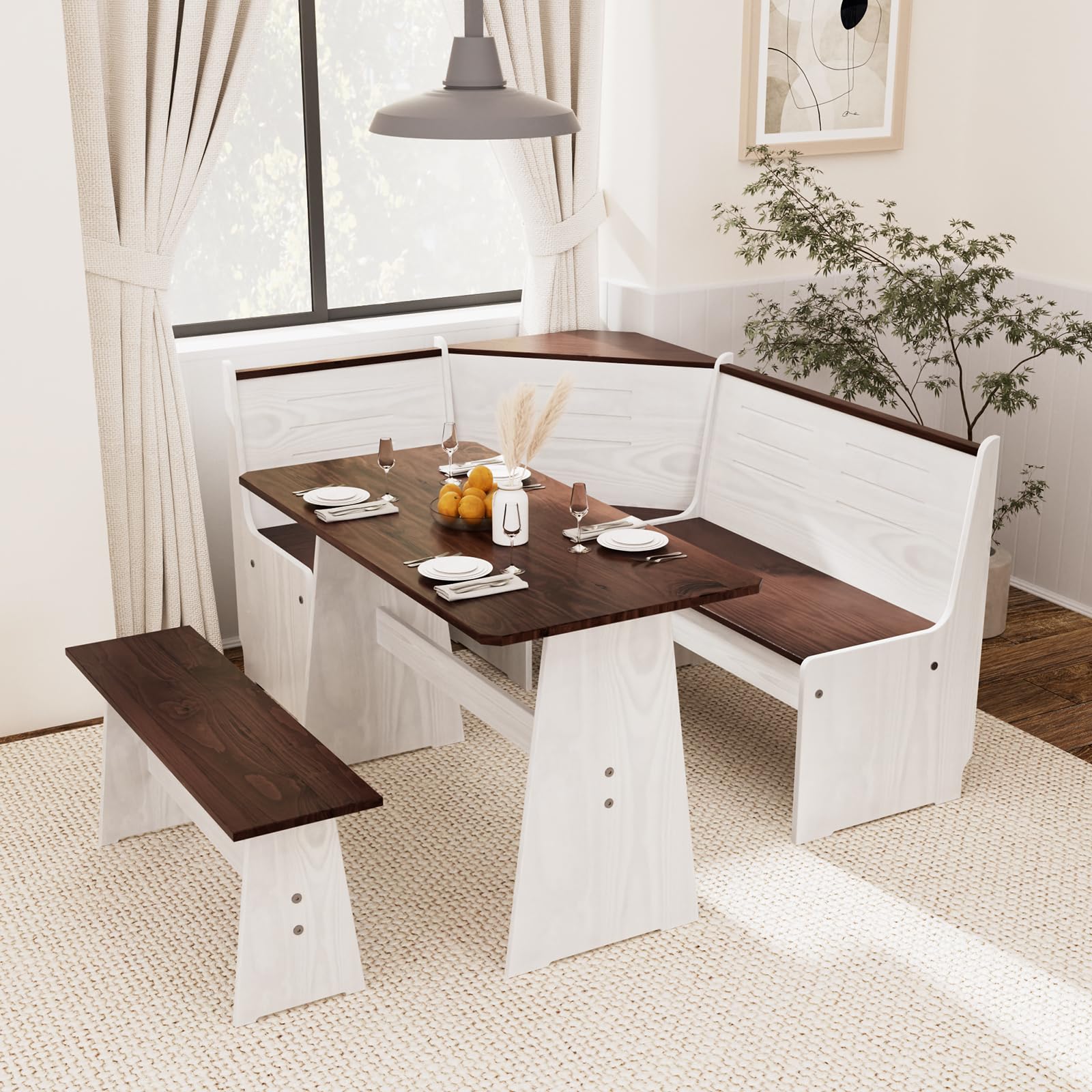 Photo 1 of ***MISSING HARDWARE***Comiling Kitchen Breakfast Nook Table Set - Solid Wood Corner Bench Dining Set for 4-6 People, L Shaped Bench for Dinner Room, Space Saving Kitchen Booth Seating with Table for Small Space, Russet