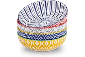 Selamica Ceramic 30 Ounce Large Pasta Bowls Set of 4, 8 inch Salad Bowl Wide and Shallow Microwave Dishwasher Safe, Assorted 