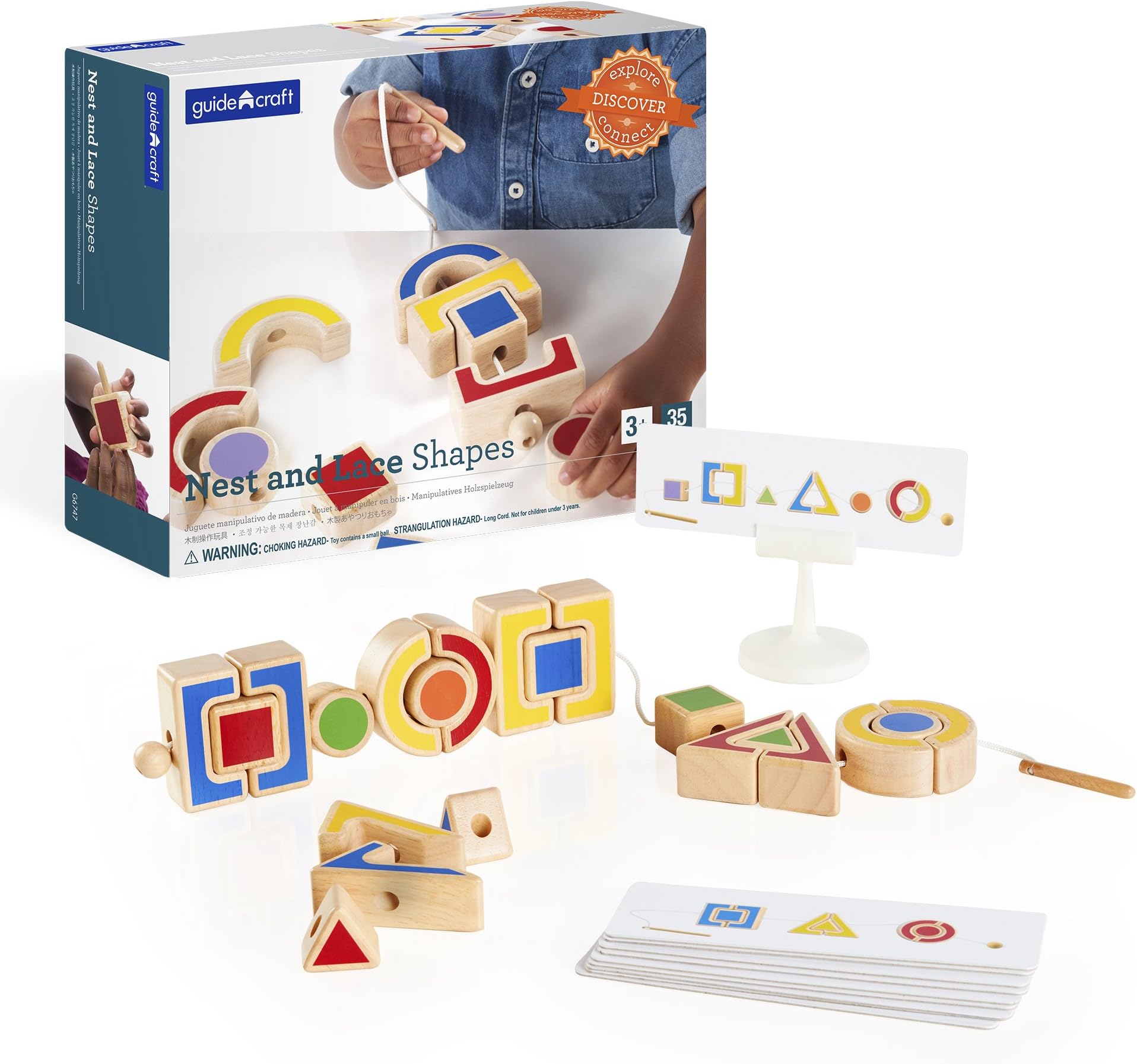 Guidecraft Colorful Nest and Lace Shapes- Wooden Geometric Puzzle Matching and Weaving Game, Toddler Learning & Educational Toys
