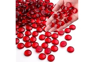 MESCHETT 1LB Red Glass Marbles, Transparent and Smooth Flat Glass Beads for Vases, Mosaic Gem Pebbles for Aquarium Decor, Floral Arrangements, Mancala Stones, Vase Filler and Crafts (Approx. 80-100 PCS)