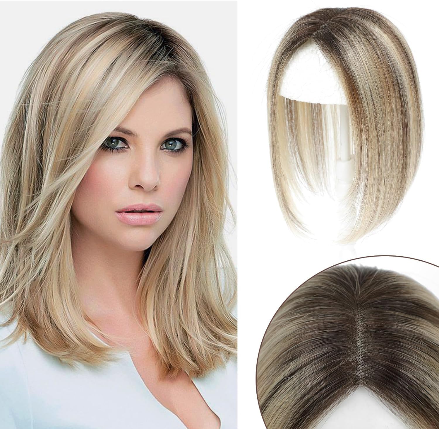 Hair Toppers for Women Real Human Hair 10 Inch Hair Toppers for Women Upgrade Swiss Base Hairpieces for Hairloss (Ombre Light Brown with Blond Highlight)