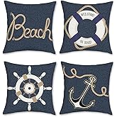 Bonhause Nautical Pillow Covers 18 x 18 Inch Set of 4 Anchor Marine Denim Navy Blue Decorative Pillows Case Polyester Linen Outdoor Cushion Covers for Couch Sofa Bed Home Decor