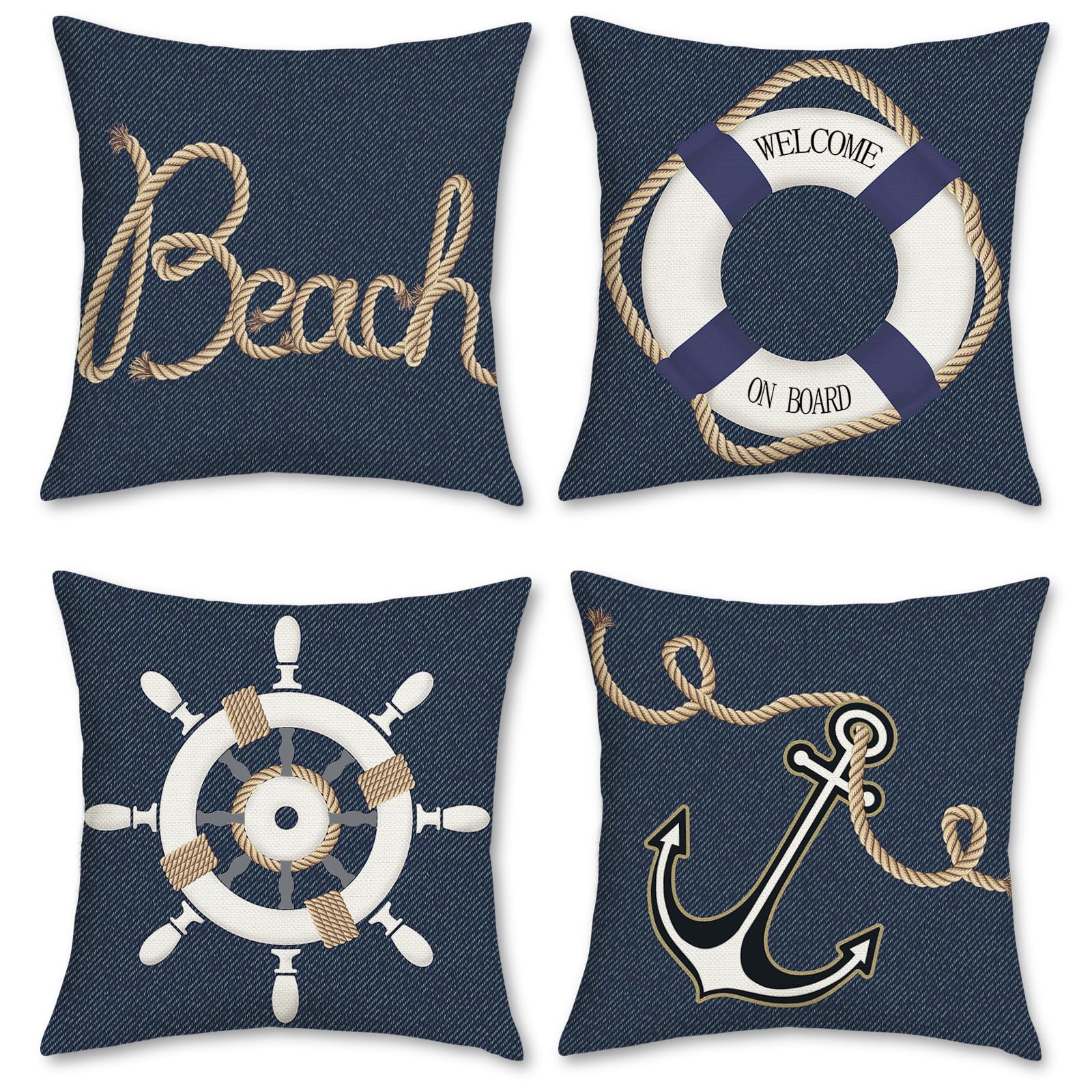 Bonhause Nautical Maritime Cushion Covers 45 x 45 cm Double Sided Anchor Denim Texture Decorative Throw Pillow Covers Polyester Linen Navy Blue Pillowcases for Sofa Home Outdoor Decor Set of 4 — image 1