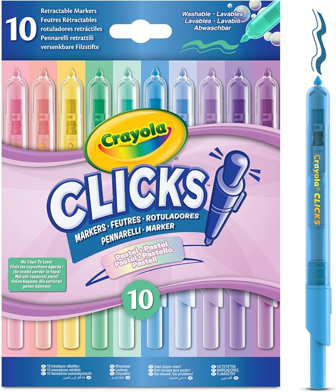 Clicks – 10 Pennarelli Lavabili Retrattili Senza Cappuccio, Colori Pastello Assortiti, Punta Conica 2 in 1, per Scuola Casa e Viaggio, Bambini e Adulti, 58-8378