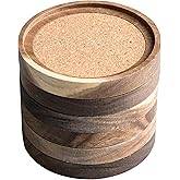 Acacia Wood Coasters for Drinks, 4.13 Inch, Set of 6, Absorbent and Insulation Cork Stackable Cup Holders, Rustic Coasters for Wooden Table, Designed by S1EGAN