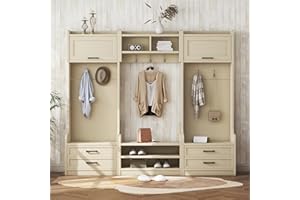 Luxo Abode Multi-Functional Hall Tree with Entryway Bench and Shoe Storage, 4-in-1 Hallway Coat Rack w/4 Storage Drawers, 7 Hooks & 2 Cabinet, Detachable Hall Tree, for Entryways, Beige