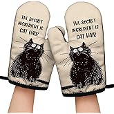 The Secret Ingredient is Cat Hair Funny Black Cat Oven Mitts with Hanging Loop and Silicone Non-Slip, Cute Cat Baking Kitchen Utensils 2-Piece Set, Gifts for Mom Aunt Sister Cat Lover