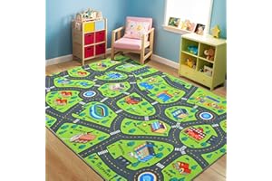 Merelax 4x6 Kids Car Area Rug, Green Grey Area Road Rugs for Living Room Playroom Classroom Bedroom, Non Slip Kids Play mat, Washable Rug, Educational City Traffic Map Fun Car Carpet for Ages 3-12