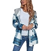 Bozanly Women's Oversized Flannel Plaid Shacket Jacket with Hood Long Sleeve Button Down Shirts Hoodie