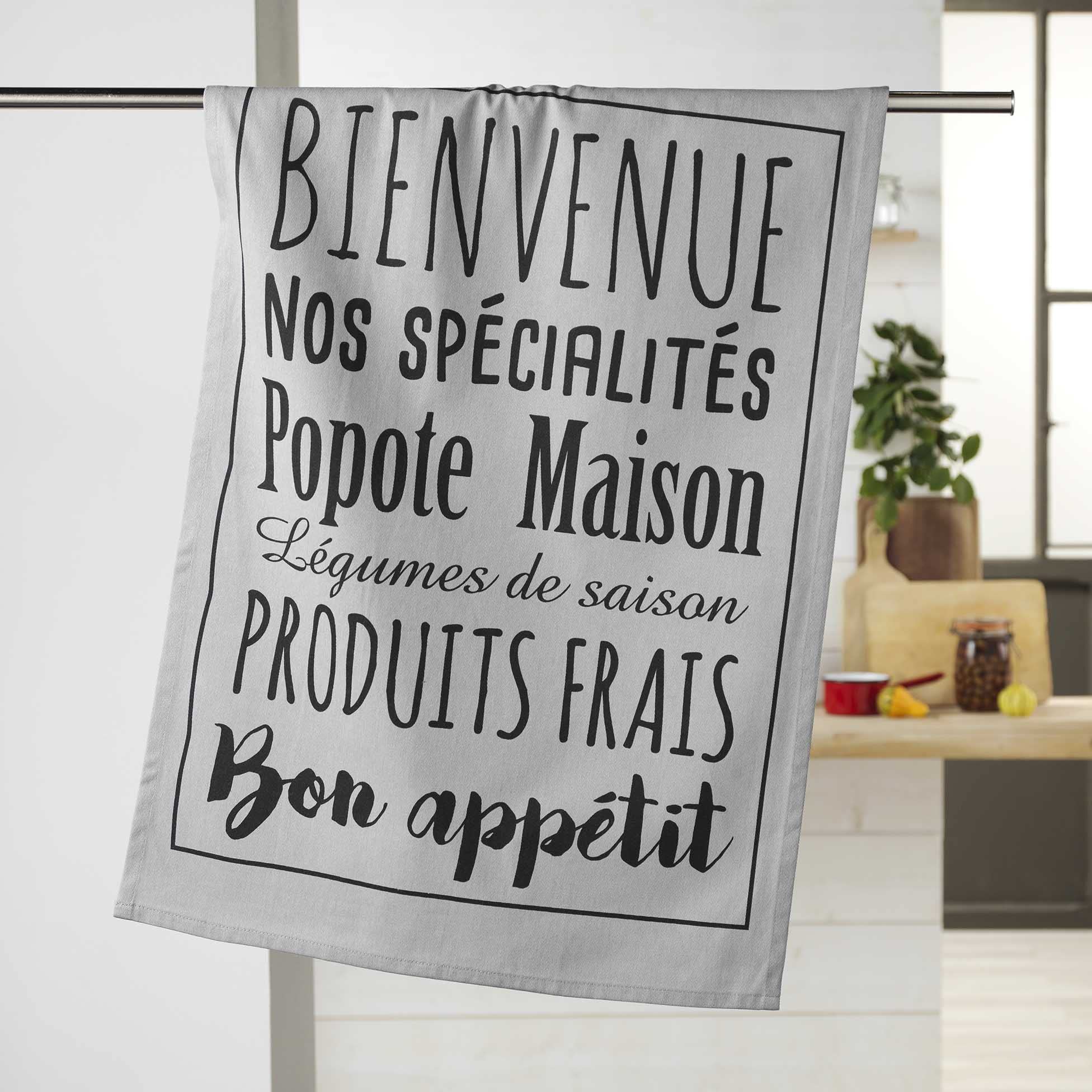 Douceur d'Intérieur, Tea Towel (50 x 70 cm) Popote Grey, Printed Cotton
