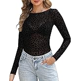 KTILG Womens Lace Long Sleeve Boat Neck Tops Sheer Blouse Sexy See Through Shirt Mesh Top S-XXL