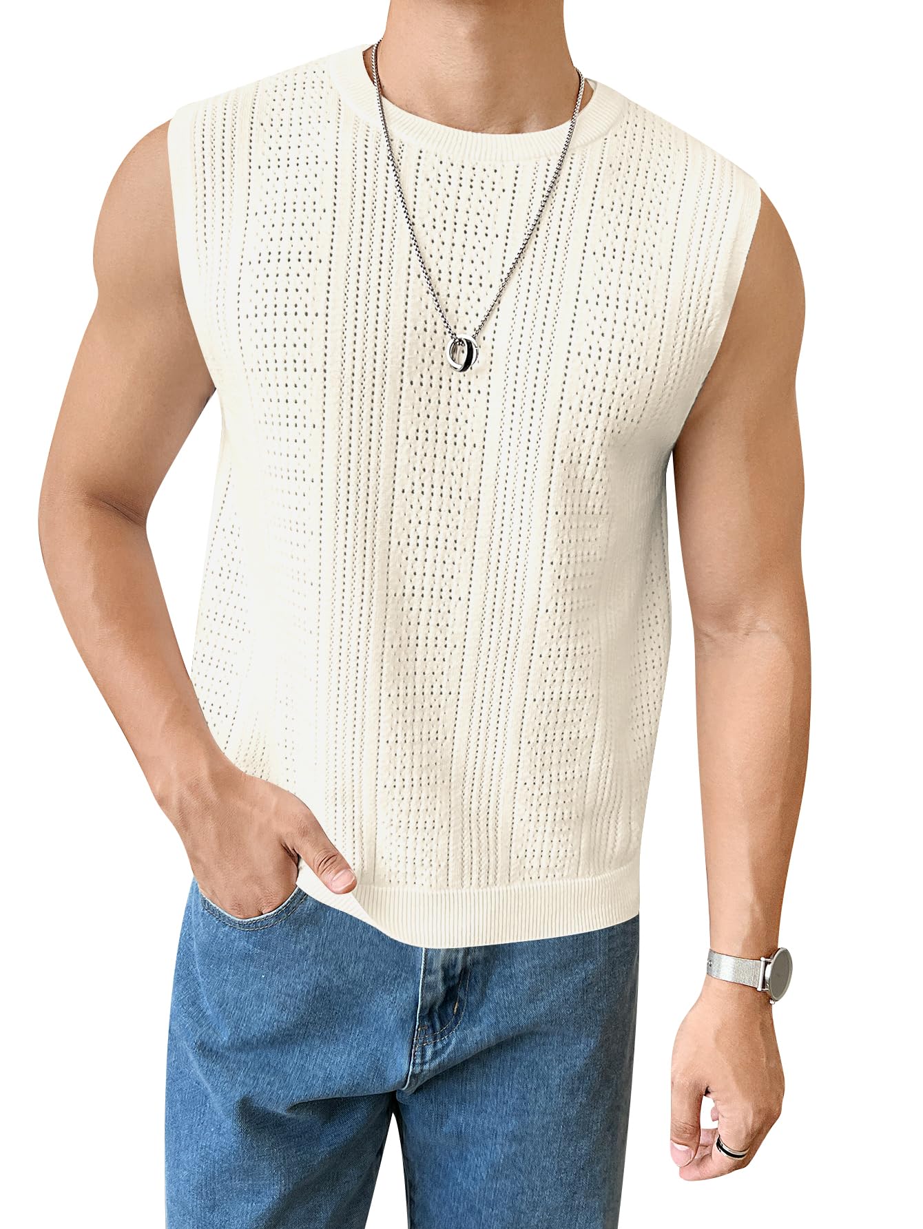 Photo 1 of Verdusa Men's Sleeveless Round Neck Knit Tank Top Casual Sweater Vest Beige Small
