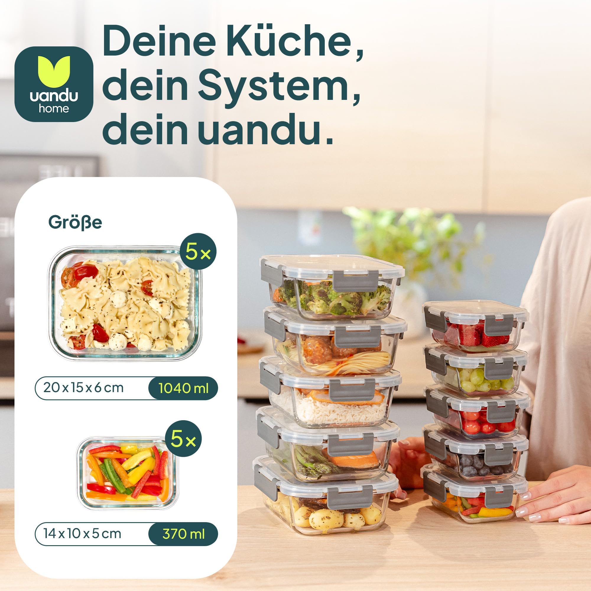 uandu Glasbehälter mit Deckel – Meal Prep Boxen Set 10-teilig – Frischhaltedosen Glas BPA-frei – Spülmaschinen-, Mikrowellen- & Gefrierschrankgeeignet 2