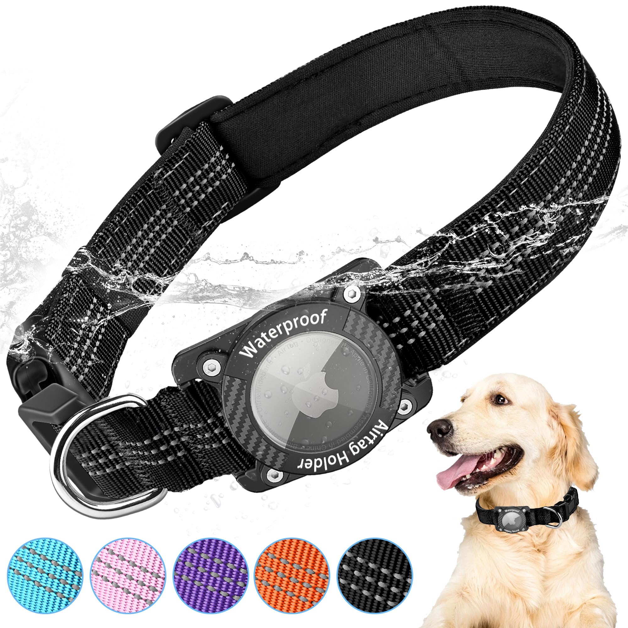 LZXLXS AirTag Dog Collar, IPX8 Waterproof Air Tag Dog Collar Holder, Luminous, Reflective, Durable, Comfortable Padded GPS Collars for Small Medium Large Dogs, Black, XL