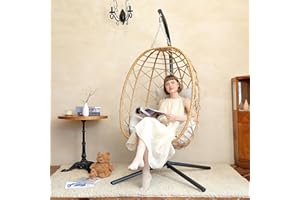 SWITTE Egg Swing Chair with Stand, Outdoor Patio Hanging Egg Chair, Indoor Hammock Chair with Cushion for Garden Backyard, 350LBS Capacity-Beige