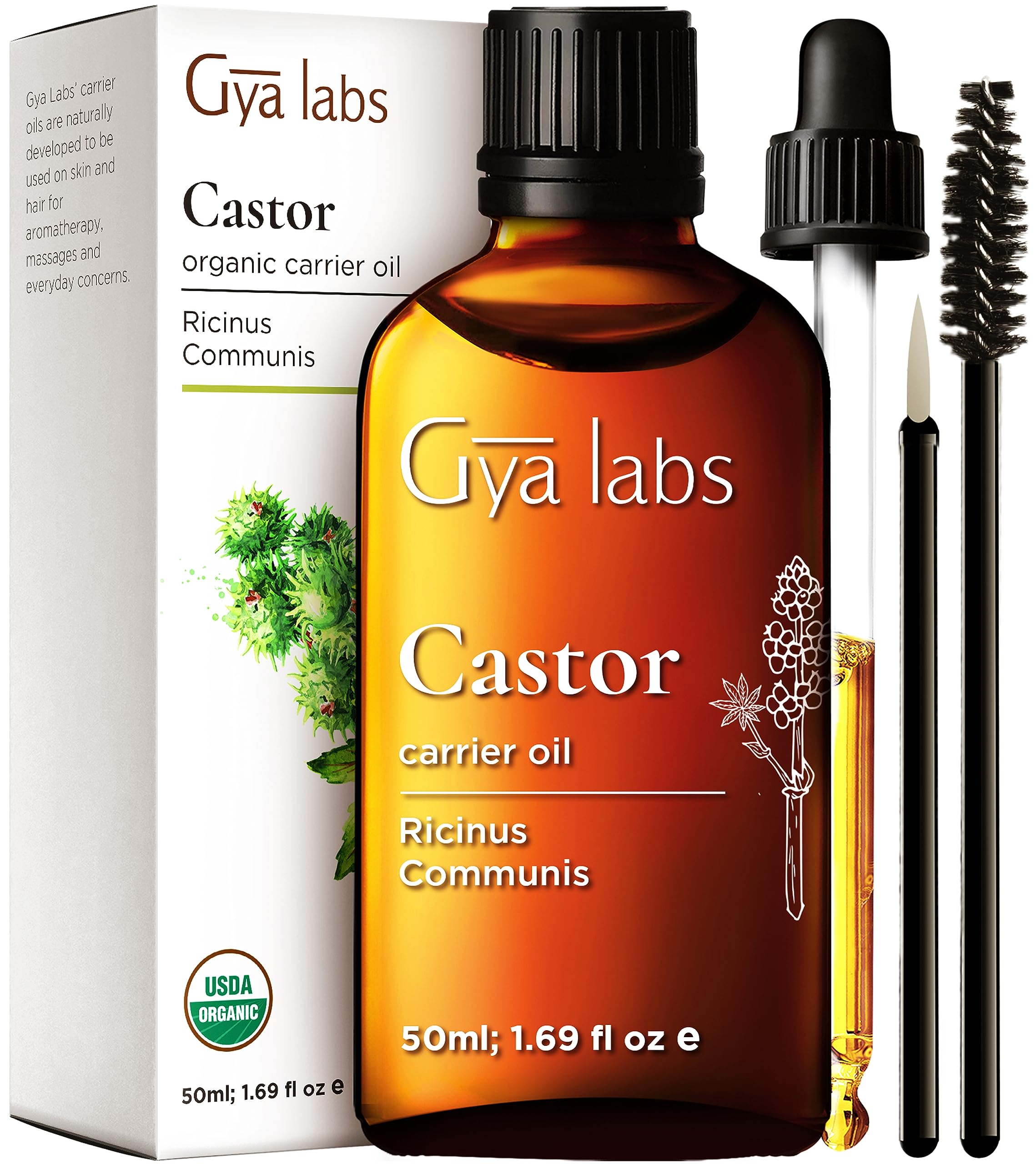 Gya Labs Organic Cosmetics Castor Oil for Eyelashes and Eyebrows - 100% Pure Natural Castor Carrier Oil for Hair, Skin (50 ml + Eyelash Kit) โ image 1