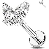 Melighting Titanium Butterfly Helix Earring 16G Cartilage Earring Internally Threaded Clear CZ Helix Stud Titanium G23 Flat Back Earring Labret Jewelry