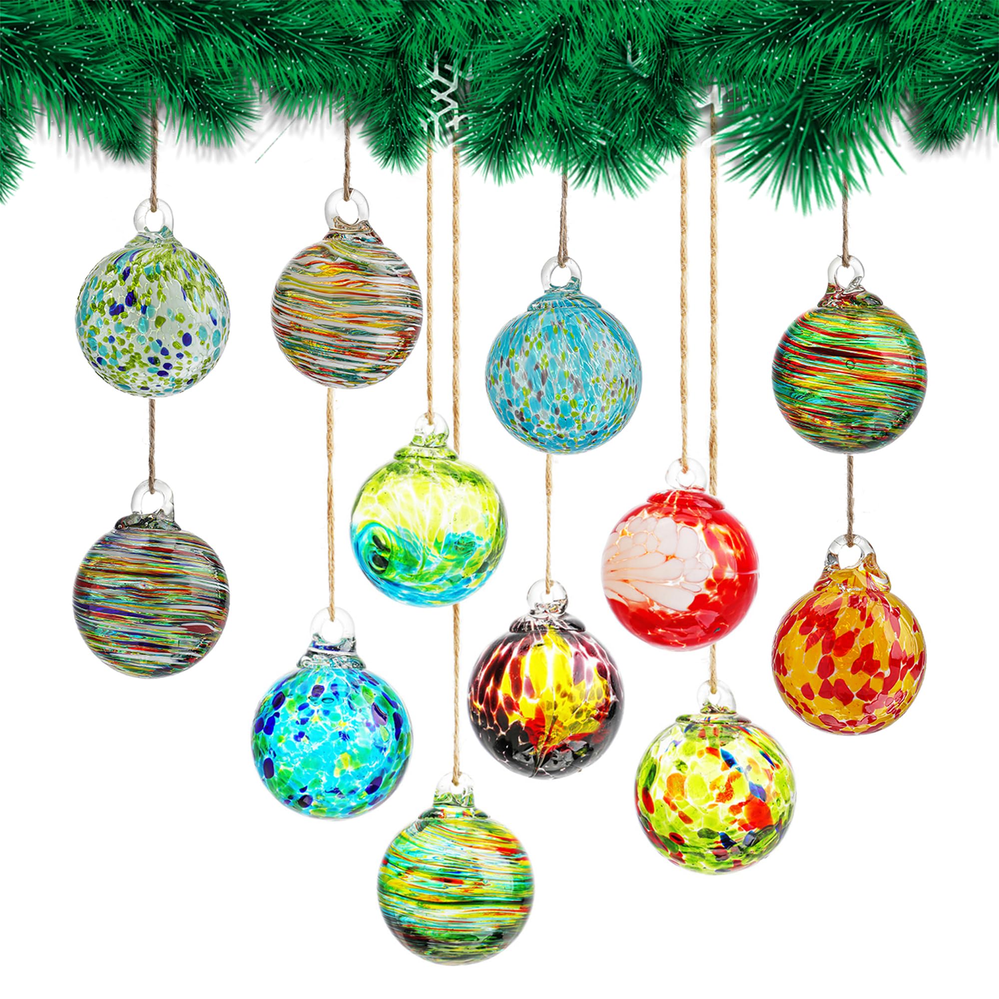 Photo 1 of 12 Pcs 2.3 Inch Christmas Ball Ornaments Hand Blown Glass Ornaments for Christmas Tree Gazing Balls Friendship Witch Balls