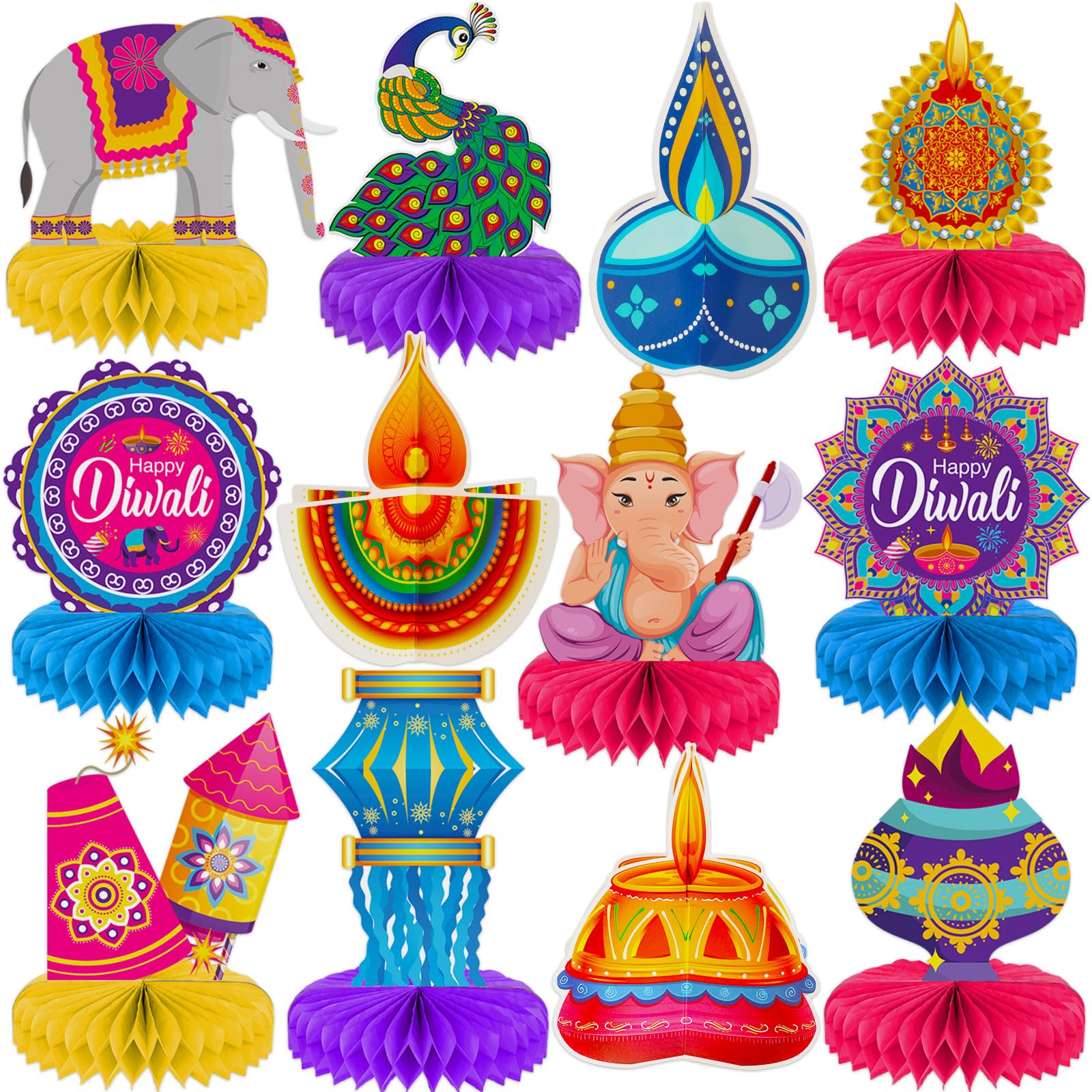 Photo 1 of 12 PCS Diwali Party Decorations Table Toppers Happy Diwali Honeycomb Centerpieces Diwali Honeycomb Lights Party Honeycomb for Home Diwali Indian Deepavali Hindu Style Party Supplies Decorations