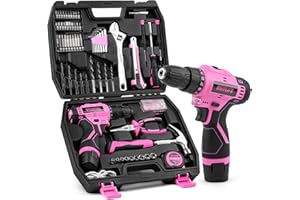 DIFFLIFE 147 Piece Pink Power Drill Drivers Tool Set with 12V Cordless Drill, Professional Household Home Tools Kit Set, DIY Pink Electric Drill Cordless Hand Tool Box for Women