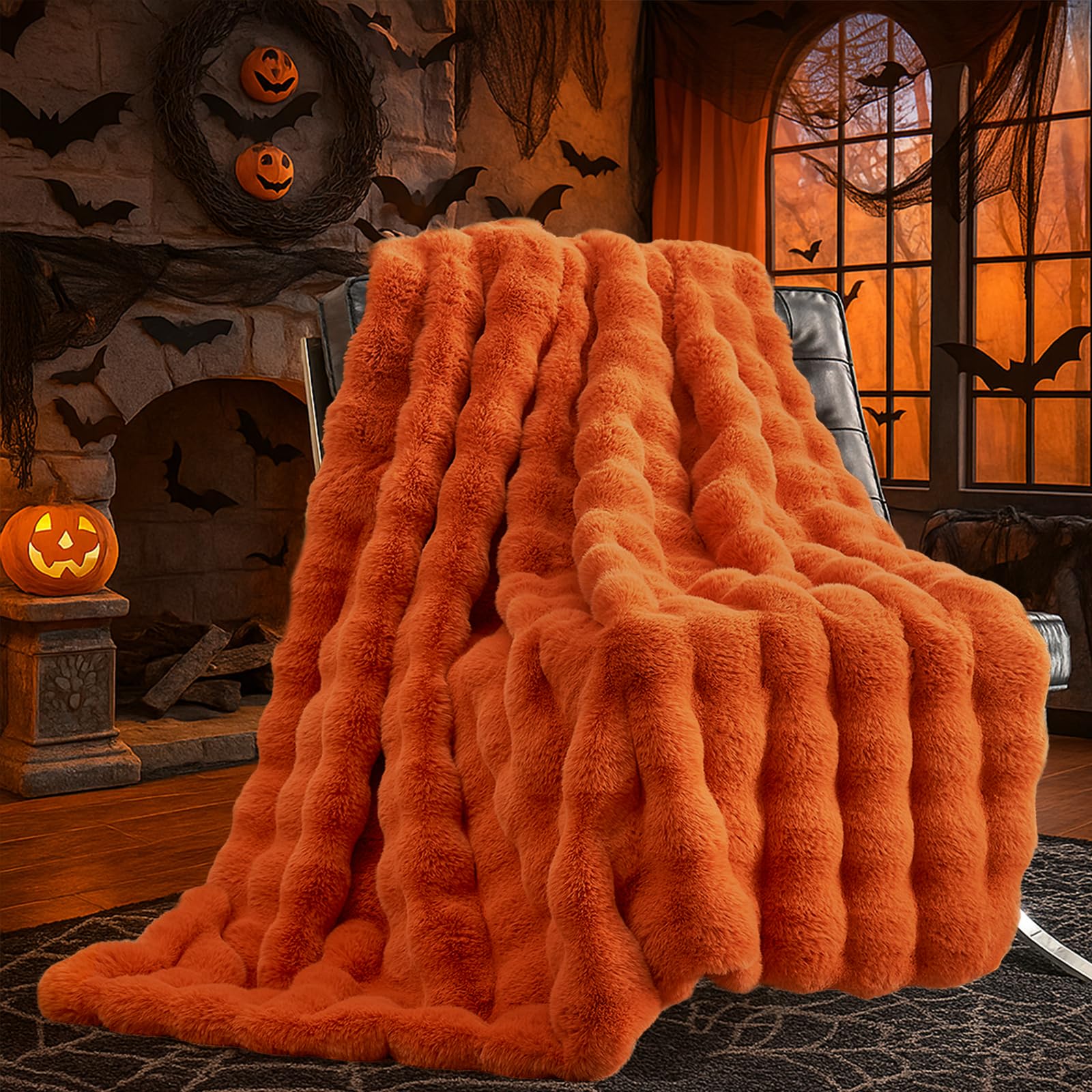 Photo 1 of Cozy Bliss Faux Fur Throw Blanket for Couch, Fuzzy Soft Plush Thick Bubble Blanket for Sofa Bedroom Living Room, 50 * 60 Inches Halloween Burnt Orange