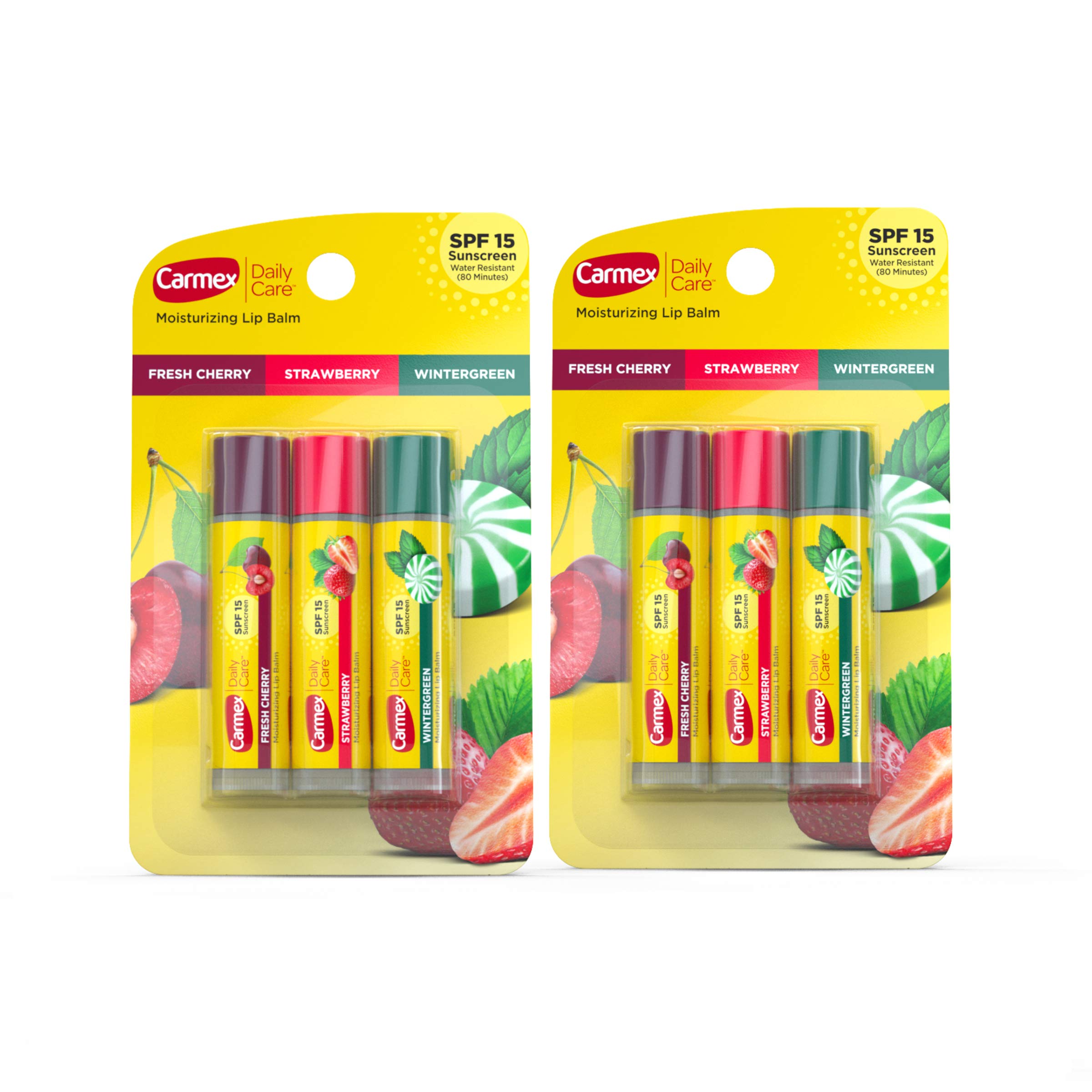 Carmex Daily Care Moisturizing Lip Balm Sticks with SPF, Fresh Cherry, Strawberry and Wintergreen Lip Balm Pack, 0.15 OZ - 3 Count (Pack of 2)