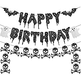 Pre-Strung Black Happy Birthday Banner Decorations,Spooky Birthday Party Decorations,Glitter Bat Ghost Skull Birthday Banner Decor for Kid Girl Boy