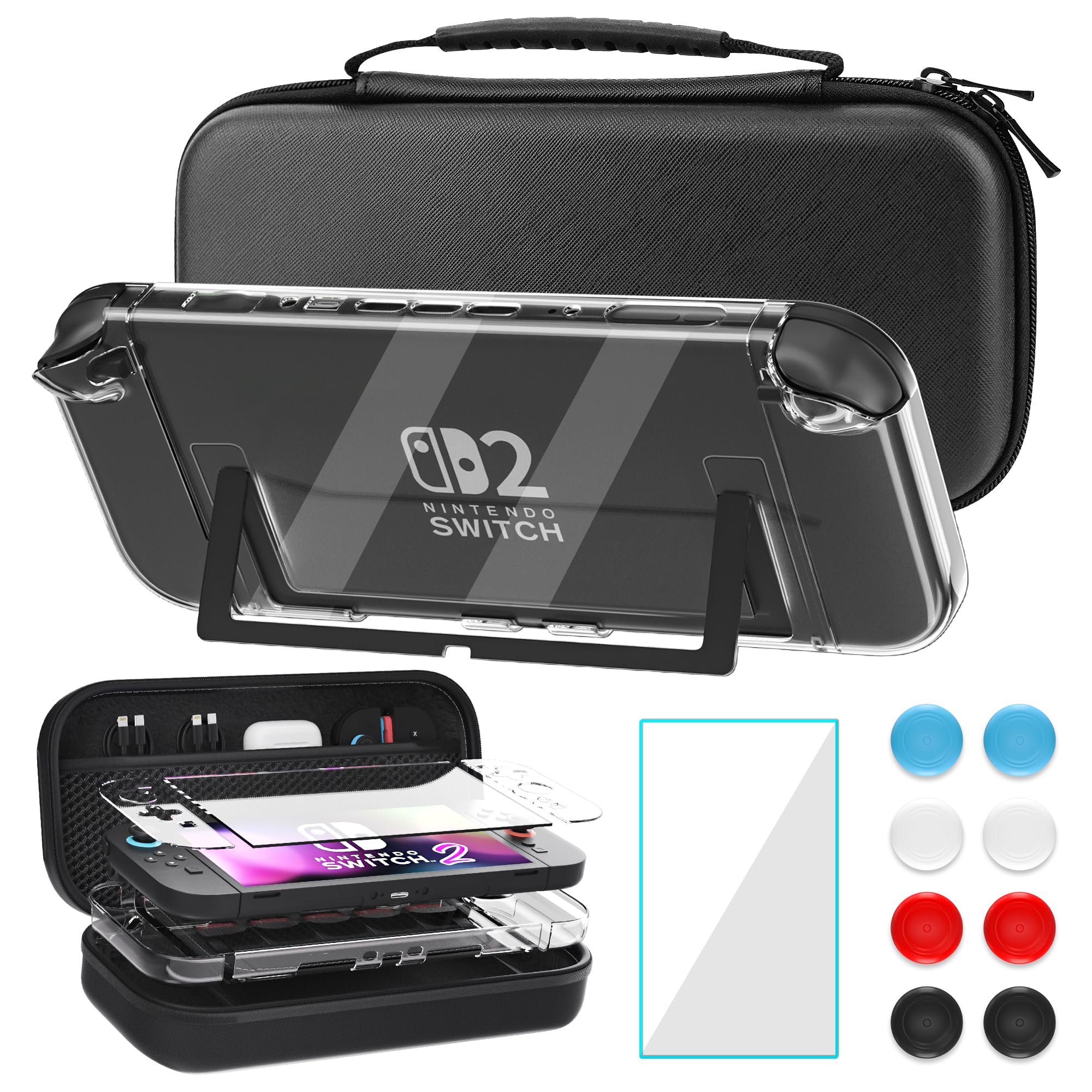 FUNDIARY Black Carrying Case for Nintendo Switch 2(2025), Shockproof Accessories Bundle with Slim Portable Storage Travel Bag, Clear PC Protective Cover Skin, HD Screen Protector and 8 Thumb Caps