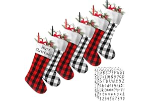 Tatuo 6 Pack Christmas Burlap Buffalo Plaid Stockings Large 18" Xmas Stockings with 6 Letter Adhesive Vinyl Sticker Christmas Tree Hanging Decorations Xmas Party Supplies(Black Red, Black White)