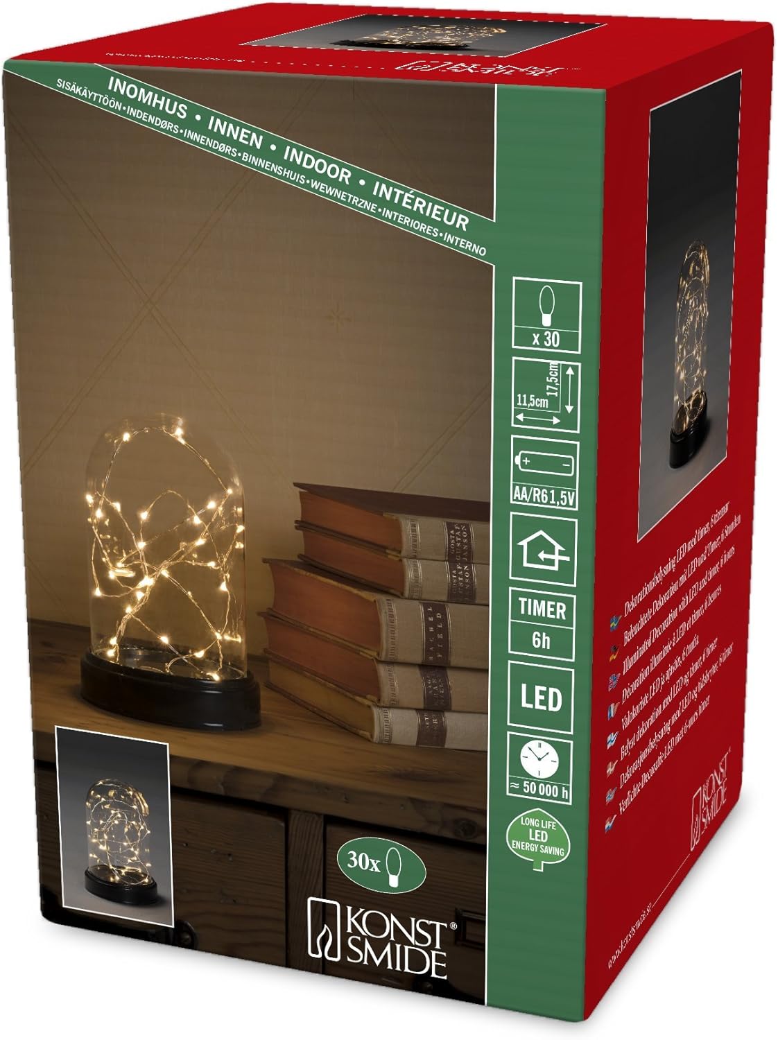 Konstsmide Dome Jar Decorative Lamp/Battery Lamp/LED Decorative Small Glass Effect Dome with Silver Wire/6H Timer/30 Amber White Diodes/Battery Operated 3AA (Not Included)/Indoor Use/Silver Wire