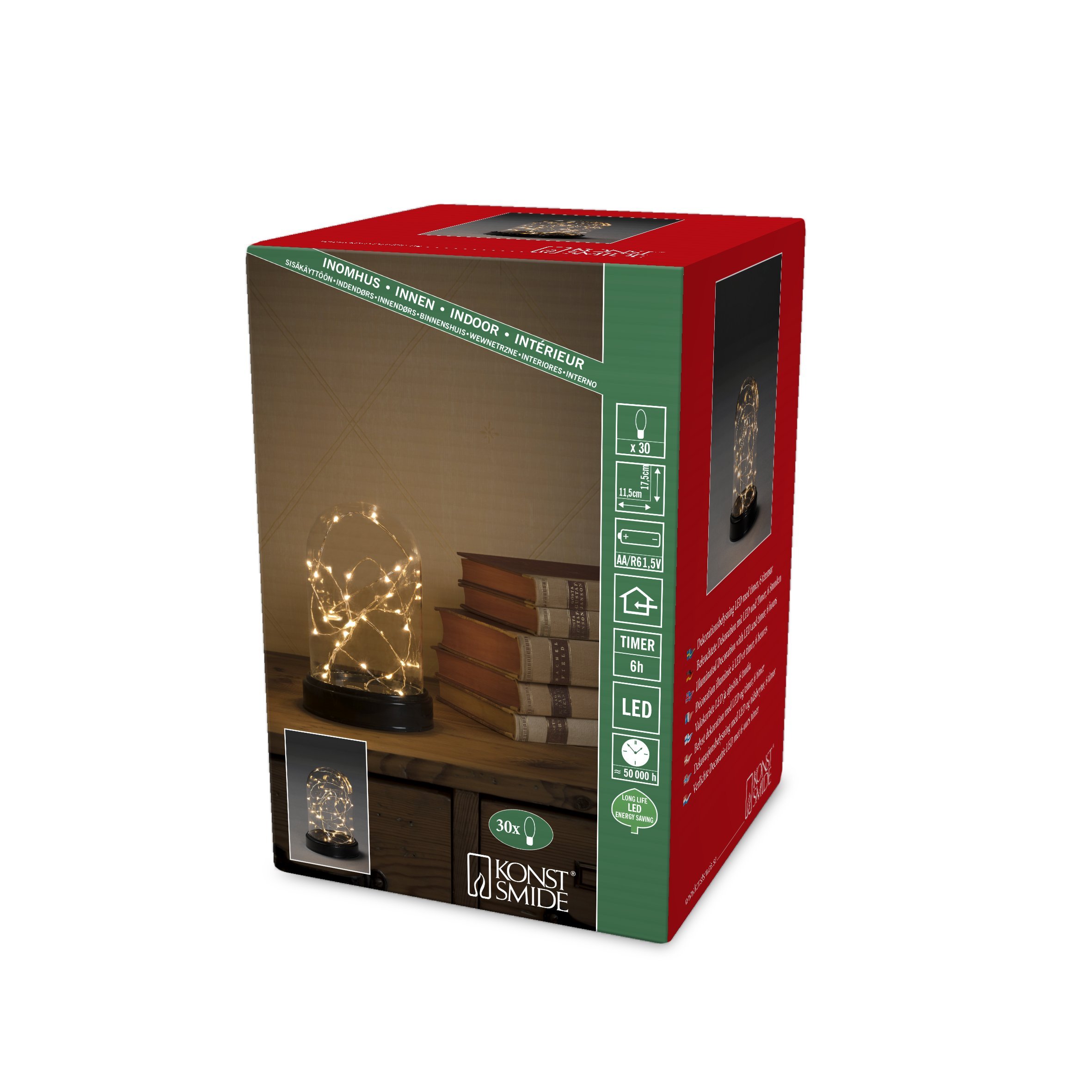 Konstsmide Dome Jar Decorative Lamp/Battery Lamp/LED Decorative Small Glass Effect Dome with Silver Wire/6H Timer/30 Amber White Diodes/Battery Operated 3AA (Not Included)/Indoor Use/Silver Wire