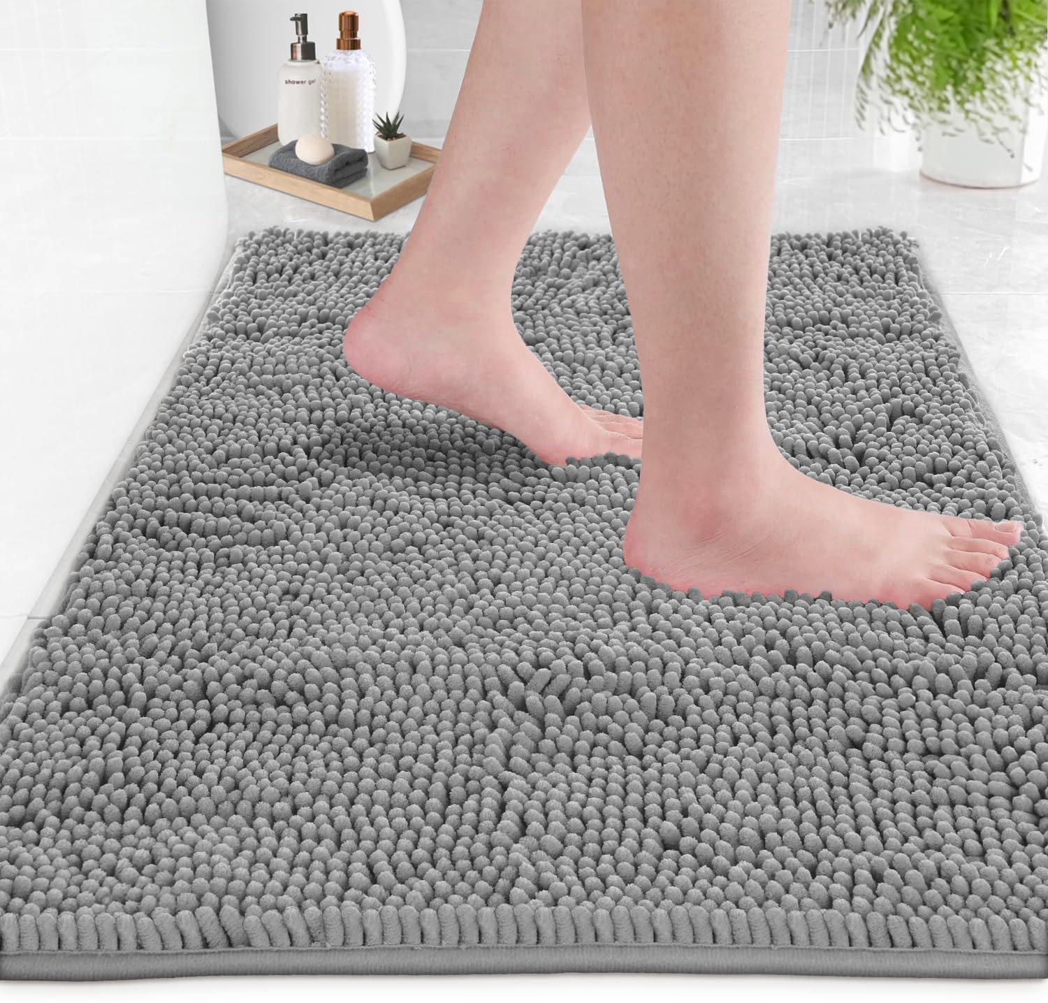 LuxUrux Bath Mat-Extra-Soft Plush Bath Shower Bathroom Rug, 1'' Chenille Microfiber Material, Super Absorbent Shaggy Bath Rug (Light Grey, 50 x 80 cm)