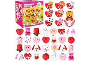 SURCVIO 28 Pack Valentine Mochi Squishies Gifts for Kids, Greeting Cards and Mochi Squishies Filled Hearts Kawaii Squishies Stress Relief Fidget Toys Classroom Exchange Party Favors Prizes Gifts