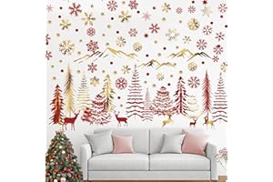 Teling 8 Pieces Winter Snowflake Wall Decals Stickers Dreamy Nursery Forest Woodland Trees Deer Pine Tree Wall Decals for Kids Room Winter Decor(Red, Gold)