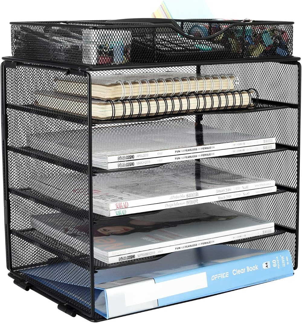 EasyPAG 5 Tier Metal Mesh A4 Desk Tray File Holder with Drawer Black
