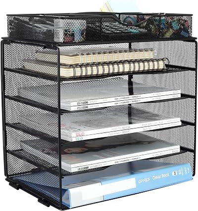 EasyPAG 5 Tier Metal Mesh A4 Desk Tray File Holder with Drawer Black