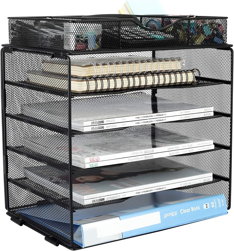 EasyPAG 5 Tier Metal Mesh A4 Desk Tray File Holder with Drawer Black