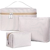 Huhumy 3 Pieces Makeup Bag Set for Women Cute Seersucker Cosmetic Pouch Travel Toiletry Bag Preppy Small Makeup Purse Pouch Aesthetic Skincare Brushes Storage Organizer for Women(Khaki)