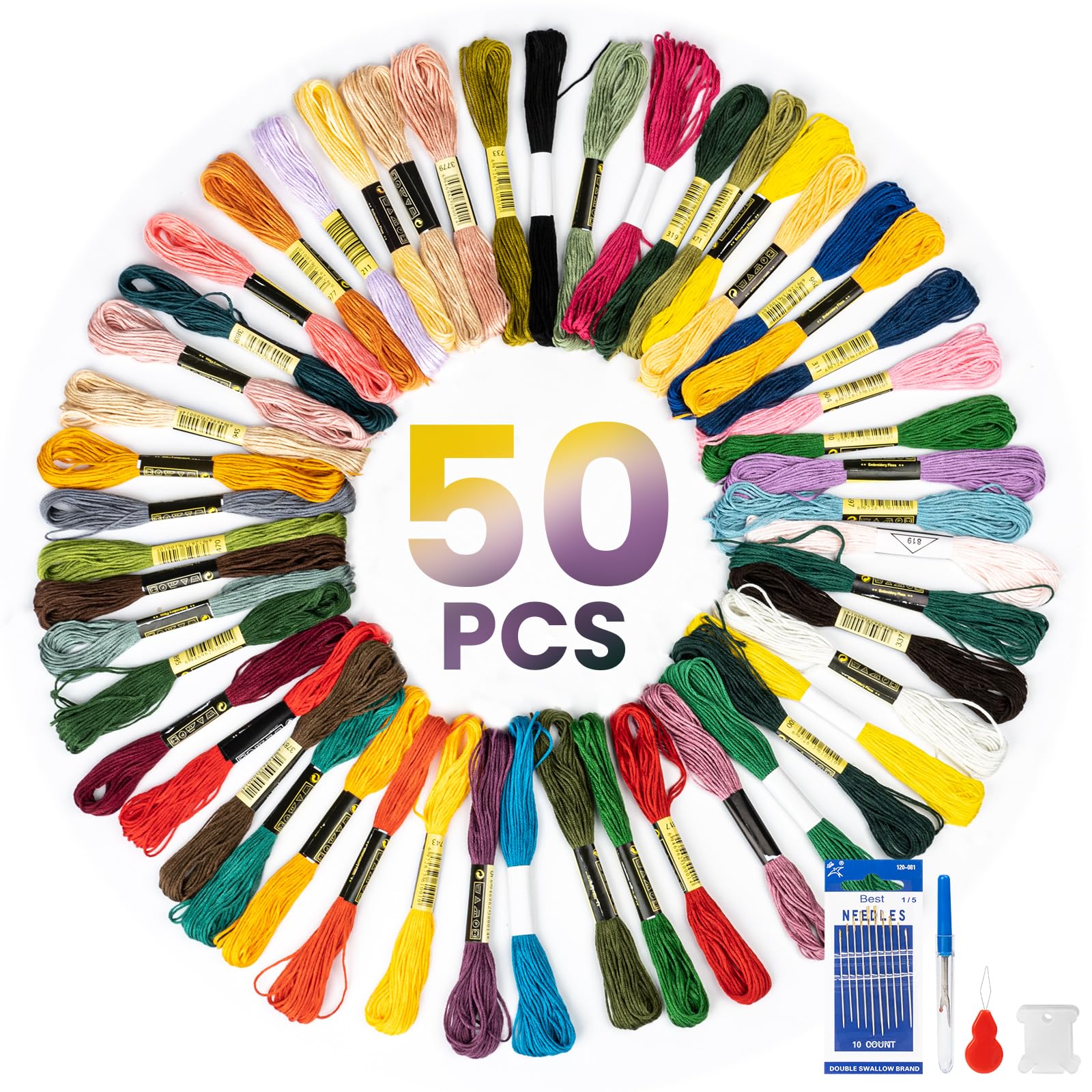 50 Colours Embroidery Threads, Cross Stitch Thread, Embroidery Floss with Needles, Rainbow Colour Bracelet Thread for Knitting, Embroidery Floss Bobbins, Cross Stitch Project