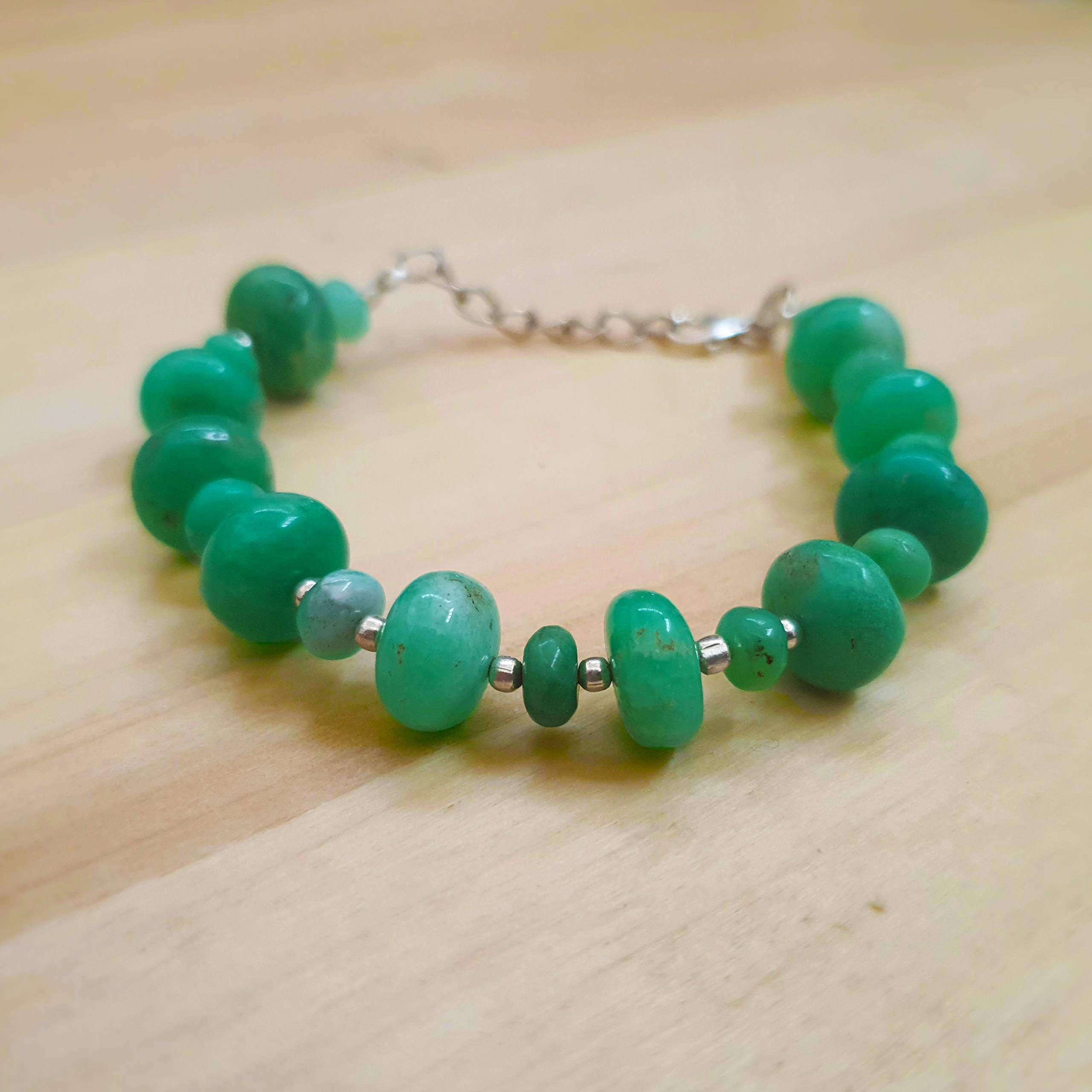 Green Chrysoprase Rondelle Beads Bracelet Sterling Silver May Birthday Jewelry Gift ideas for her