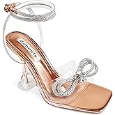 Zzheels Double Bowknots Crystal Sandals Clear Slingback Heels Square Toe Shoes for Party Wedding