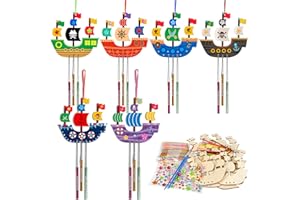 Fennoral 10 Pack Wind Chime Kit for Kids Make Your Own Pirates Ship Wind Chime Wooden Arts and Crafts for Girls Boys Ornaments DIY Coloring Ship for Art Activity Birthday Spring Party Decoration