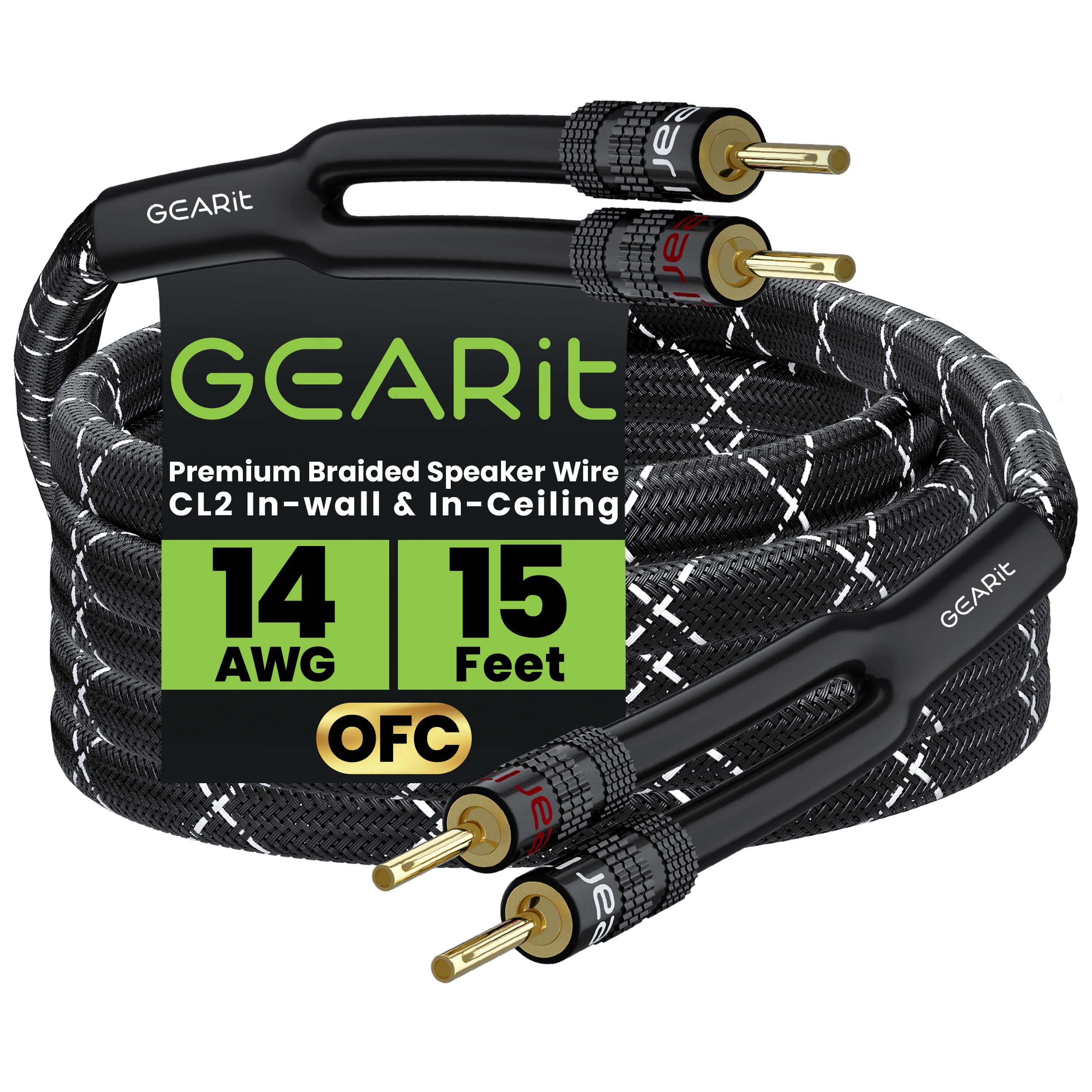 GearIT Hi-Fi 2x2.5mm≤ Speaker Wire with Banana Plugs (4.57 Meters - Black) OFC Oxygen-Free Copper, CL2 In-Wall Speaker Cable, Heavy-Duty Braided - 14 Gauge AWG, 10 Feet