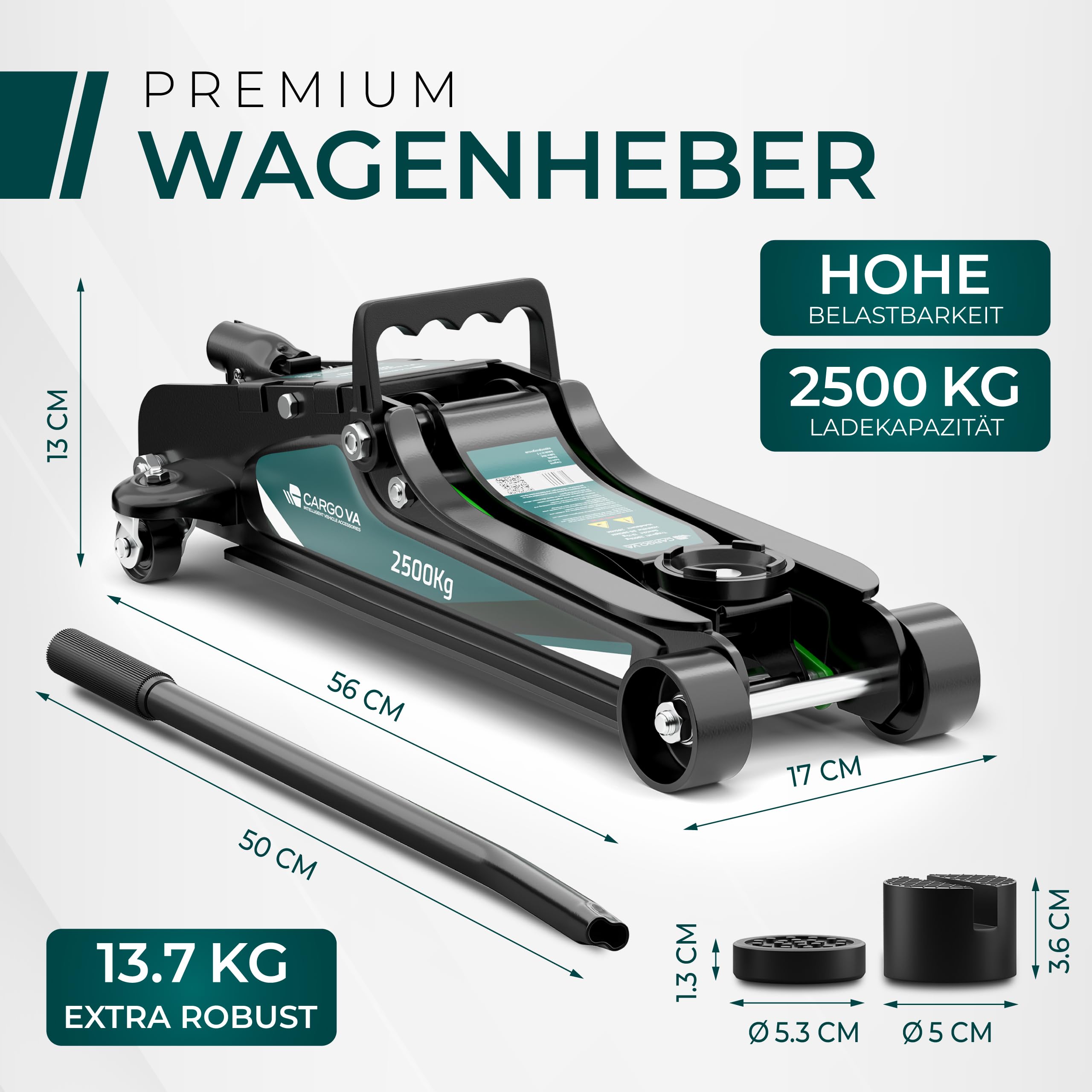 Wagenheber hydraulisch 2,5T – TÜV – 85-380mm Hub – flach für tiefergelegte Autos – Rangierwagenheber inkl. Gummiauflagen [Karton] 5