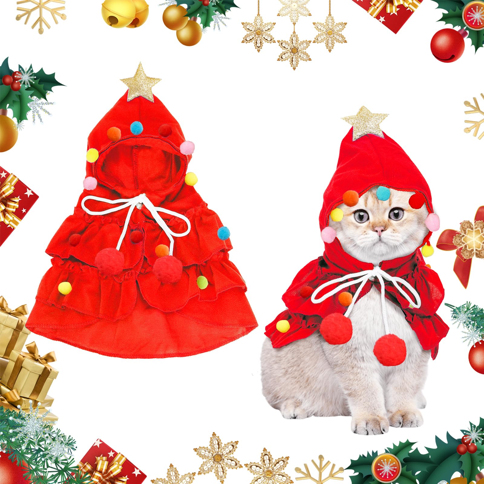Lovely Pet Christmas Costume,Cat Christmas Cloak Dog Costume, Xmas Tree Shape Star Hat for Puppy Kitten Small Dogs Cats (Red)