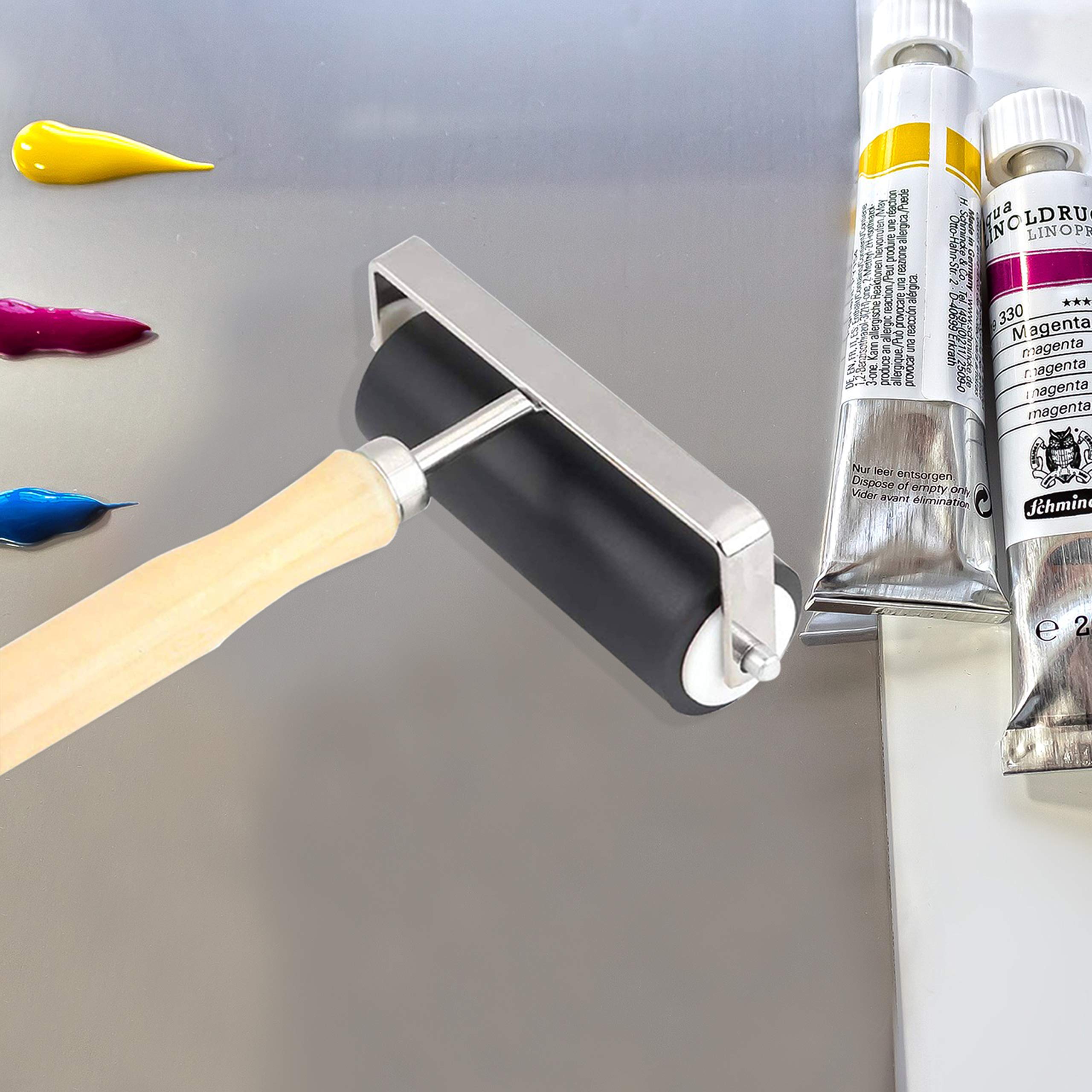 Brayer Roller (10 cm) 16 cm (6.2") L Wooden Handle Heavy Duty Hard