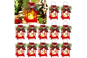 Baquler 12 Pcs Christmas Decorative Lantern LED Candle 5.5" Christmas Mini Lanterns Bulk Holiday Vintage Hanging Lanterns Xmas Decorative Candle Lanterns for Table Centerpiece Outdoor Indoor (Red)