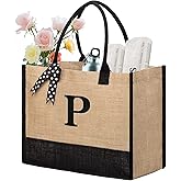 BeeGreen Large Initial Beach Tote Bag Burlap Tote Bag with Handles Embroidery Monogram Gift for Mother Friends Personalized Birthday Gifts for Women Wedding Presents for Bridesmaid P
