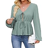ZAFUL Women's Fall V Neck Knit Top Long Sleeve Texture Tie Front Shirts Blouse